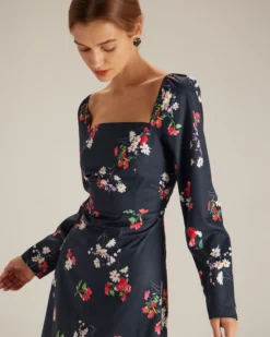 The Navy Square Neck Floral Shirred Midi Dress -Deals Dress N Swimwear Store the navy square neck floral dress dresses bpb3qh