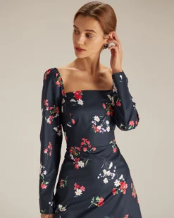 The Navy Square Neck Floral Shirred Midi Dress -Deals Dress N Swimwear Store the navy square neck floral dress dresses za6eym