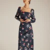 The Navy Square Neck Floral Shirred Midi Dress
