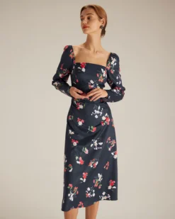 The Navy Square Neck Floral Shirred Midi Dress