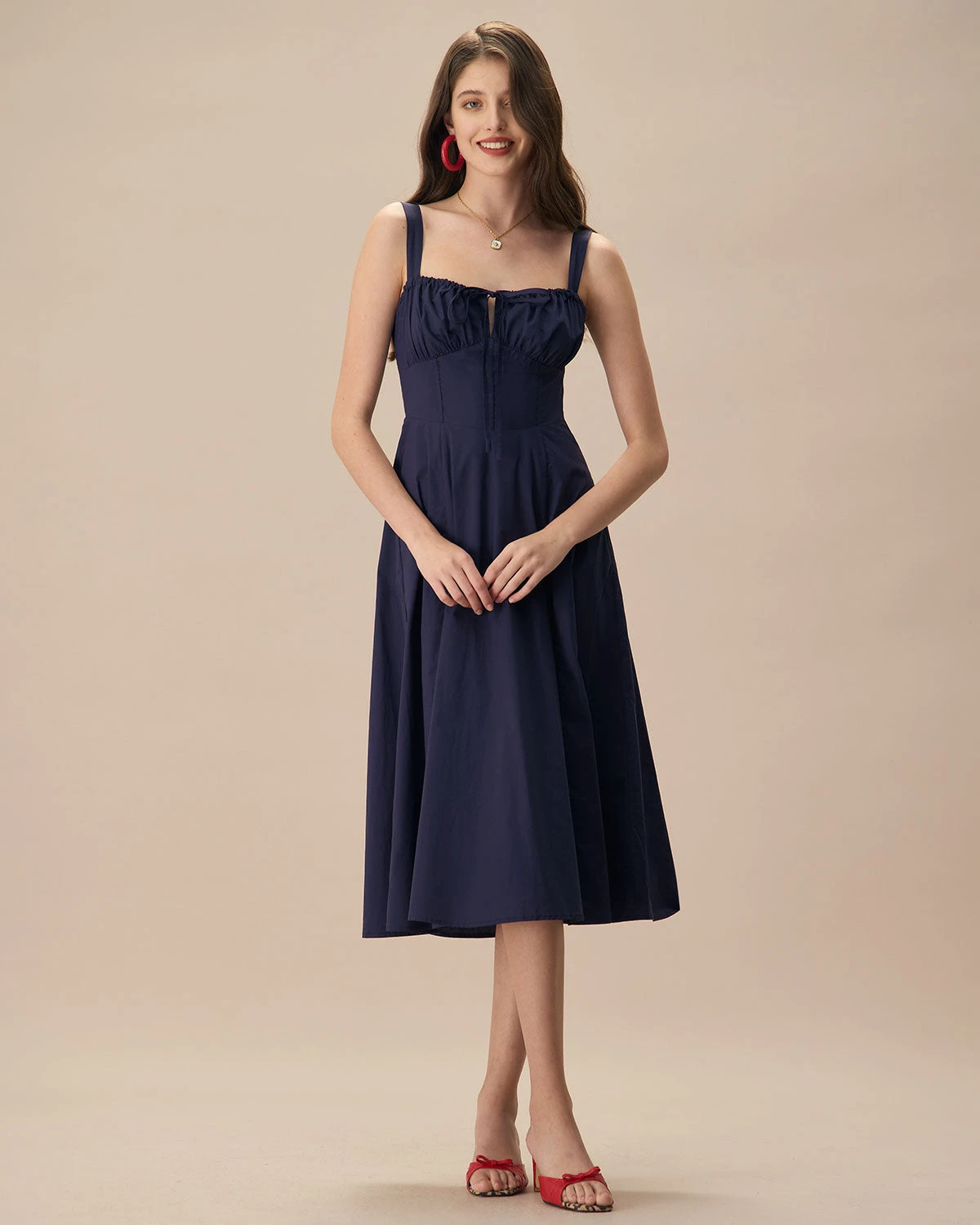 The Navy Square Neck Ruched Slip Midi Dress 3 The Navy Square Neck Ruched Slip Midi Dress - Image 3