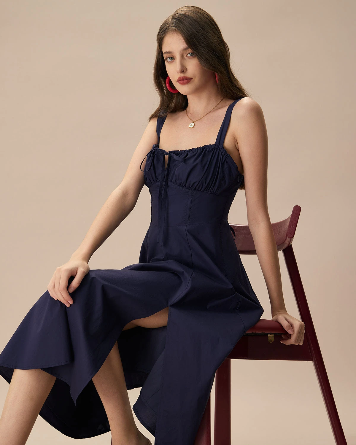 The Navy Square Neck Ruched Slip Midi Dress 4 The Navy Square Neck Ruched Slip Midi Dress - Image 4