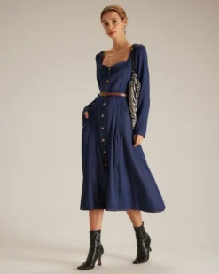 The Navy Sweetheart Neck Button Midi Dress -Deals Dress N Swimwear Store the navy sweetheart neck single breasted midi dress dresses 7fmwzo