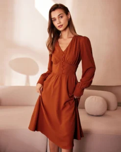 The Orange V Neck Pleated Button Midi Dress 9 The Orange V Neck Pleated Button Midi Dress -Deals Dress N Swimwear Store the orange v neck ruched midi dress dresses w6voqy 808280