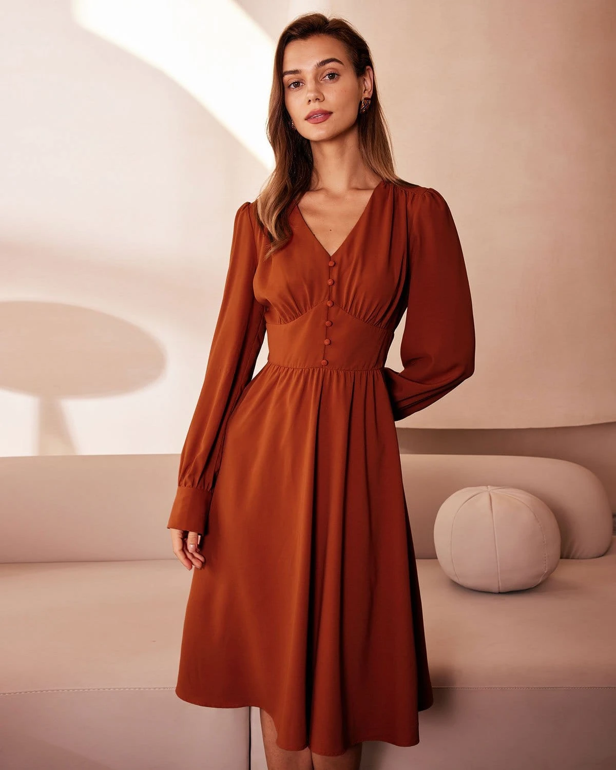 The Orange V Neck Pleated Button Midi Dress 1 The Orange V Neck Pleated Button Midi Dress