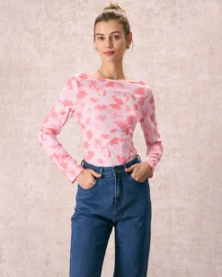 The Pink Boat Neck Floral Long Sleeve Tee