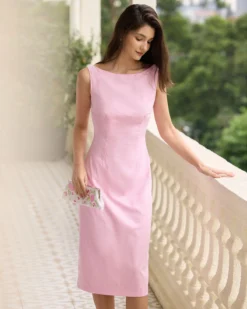 The Pink Boat Neck Cotton Linen Slit Midi Dress -Deals Dress N Swimwear Store the pink boat neck sleeveless midi dress dresses dsstvo