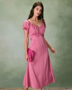 The Pink Sweetheart Neck Ruched Satin Midi Dress -Deals Dress N Swimwear Store the pink ruched satin midi dress dresses fmlzlh