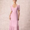 The Pink Sweetheart Neck Ruched Midi Dress