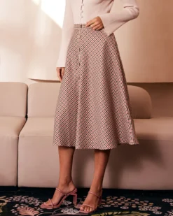 The Brown High Waisted Plaid Button Midi Skirt