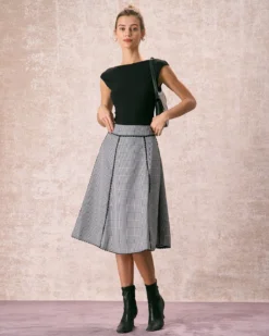 The Black High Waisted Plaid Lace Midi Skirt -Deals Dress N Swimwear Store the plaid lace trim midi skirt bottoms rtoi89