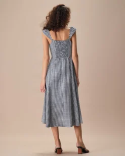 The Navy Plaid Shirred Back Midi Dress -Deals Dress N Swimwear Store the plaid shirred back midi dress dresses kmx6md
