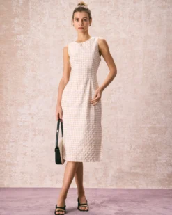 The Beige Round Neck Plaid Slit Midi Dress -Deals Dress N Swimwear Store the plaid sleeveless midi dress dresses ednkor