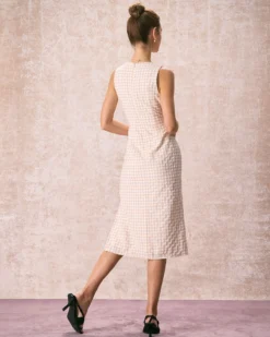 The Beige Round Neck Plaid Slit Midi Dress -Deals Dress N Swimwear Store the plaid sleeveless midi dress dresses spoftp