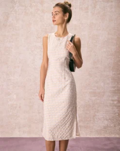 The Beige Round Neck Plaid Slit Midi Dress -Deals Dress N Swimwear Store the plaid sleeveless midi dress dresses wicfld