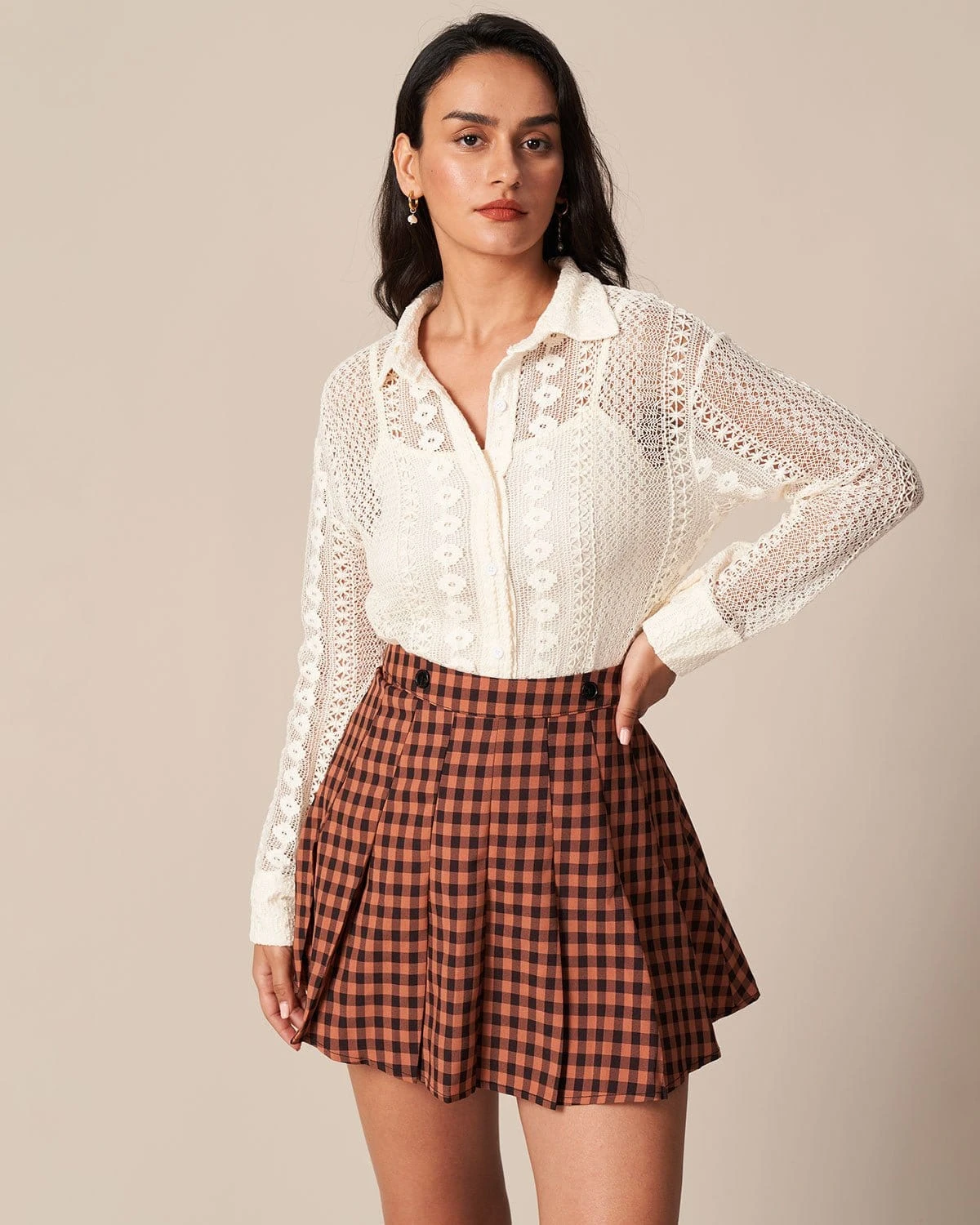 The Brown High Waist Pleated Plaid Mini Skirt 2 The Brown High Waist Pleated Plaid Mini Skirt - Image 2