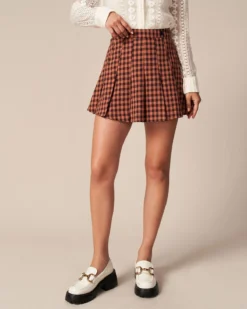 The Brown High Waist Pleated Plaid Mini Skirt