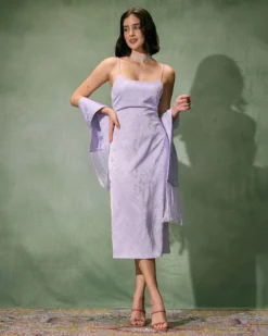 The Purple Jacquard Slip Midi Dress & Fringed Shawl