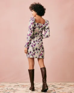 The Purple Square Neck Floral Long Sleeve Mini Dress -Deals Dress N Swimwear Store the purple square neck floral mini dress dresses tgrehy 265119