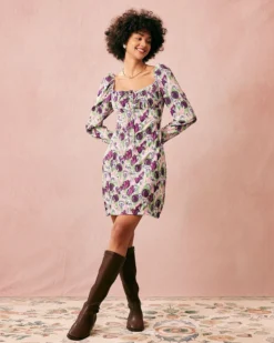 The Purple Square Neck Floral Long Sleeve Mini Dress -Deals Dress N Swimwear Store the purple square neck floral mini dress dresses y4hjpp 683675