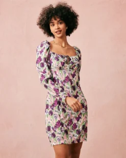 The Purple Square Neck Floral Long Sleeve Mini Dress -Deals Dress N Swimwear Store the purple square neck floral mini dress purple dresses ec2igw 453166