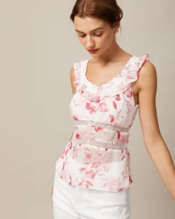 The Red V Neck Floral Flounce Tank Top -Deals Dress N Swimwear Store the red floral lace tank top tops i3qifc 984924