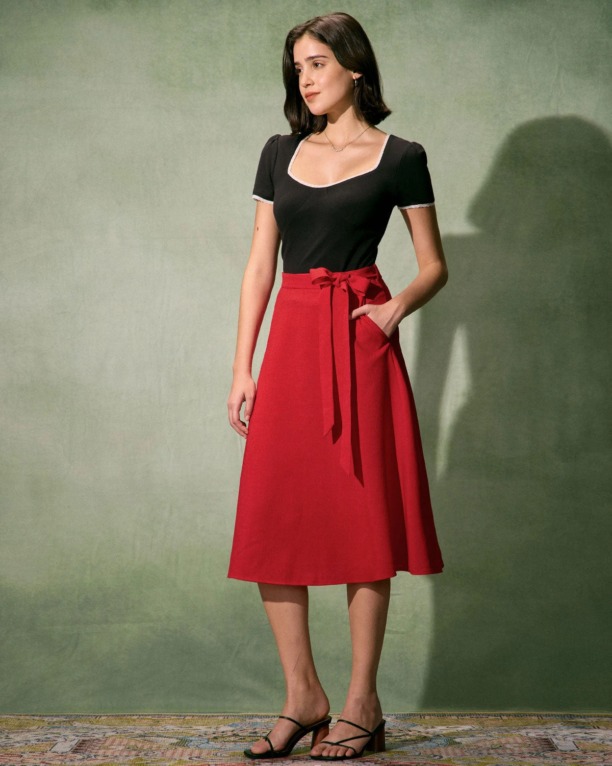 The Red High-Waisted Tie Strap Midi Skirt 3 The Red High-Waisted Tie Strap Midi Skirt - Image 3
