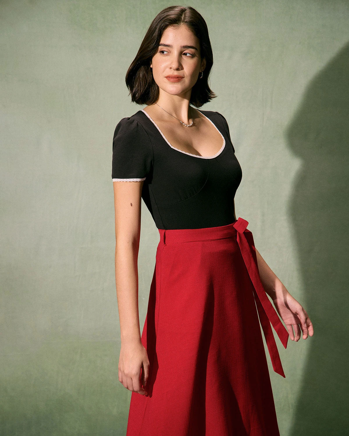 The Red High-Waisted Tie Strap Midi Skirt 5 The Red High-Waisted Tie Strap Midi Skirt - Image 5