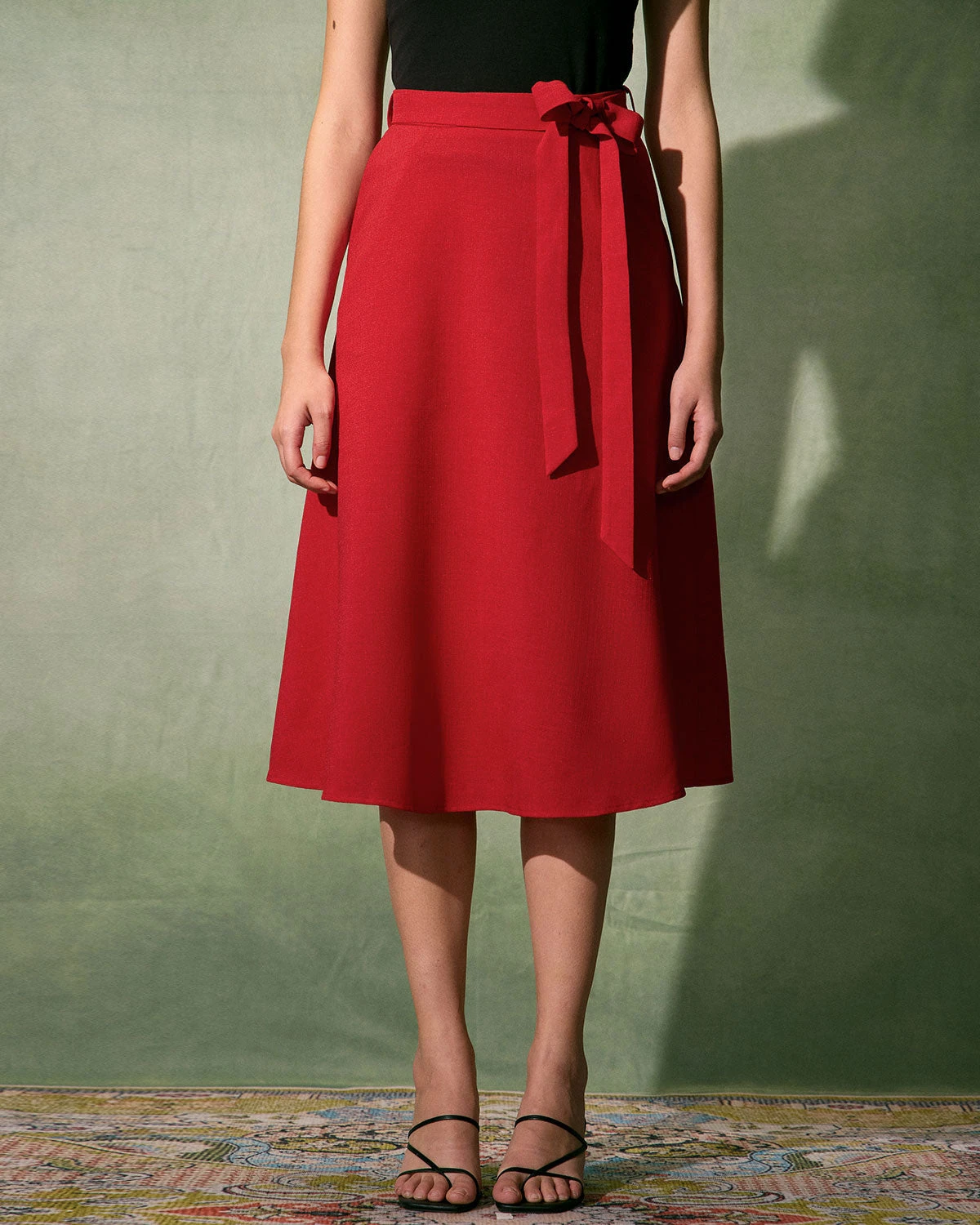 The Red High-Waisted Tie Strap Midi Skirt 1 The Red High-Waisted Tie Strap Midi Skirt