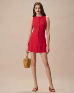 The Red Round Neck Button Mini Dress 7 The Red Round Neck Button Mini Dress -Deals Dress N Swimwear Store the red round neck button mini dress dresses o2gqai