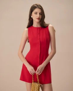 The Red Round Neck Button Mini Dress