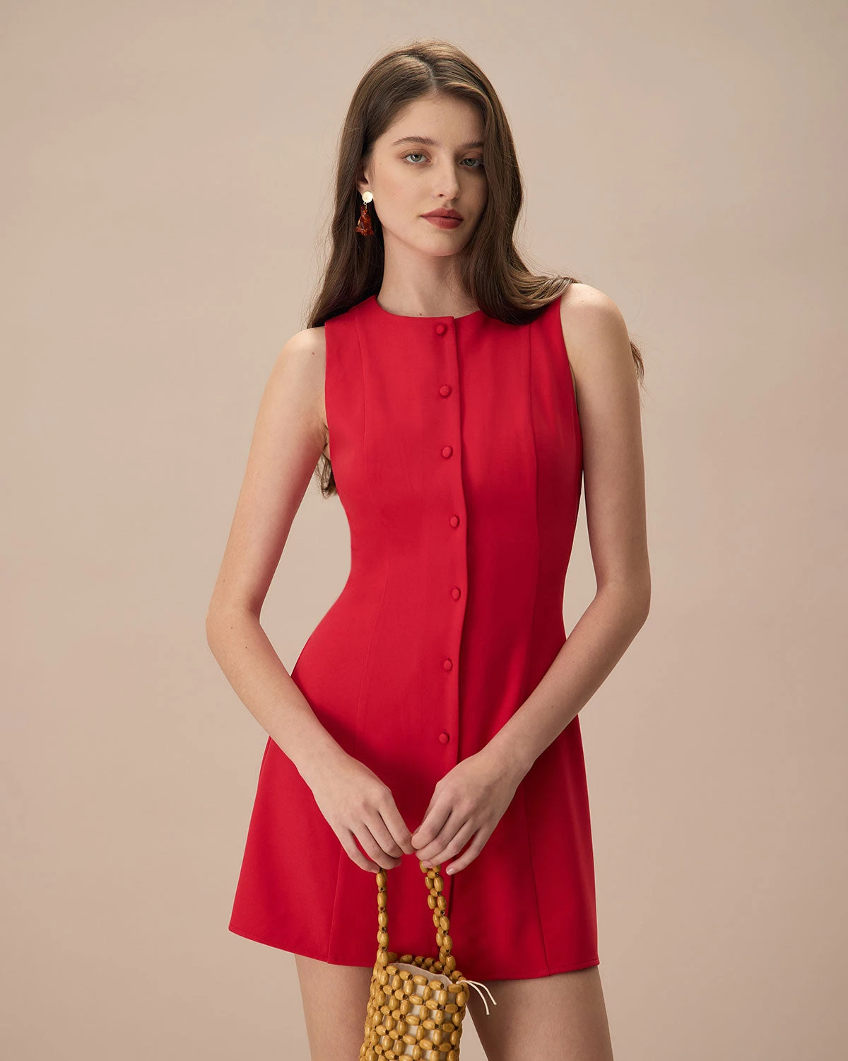 The Red Round Neck Button Mini Dress 1 The Red Round Neck Button Mini Dress