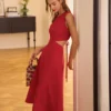 The Red Round Neck Cut-Out Midi Dress