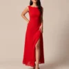 The Red Cowl Neck Cutout Ruched Maxi Dress