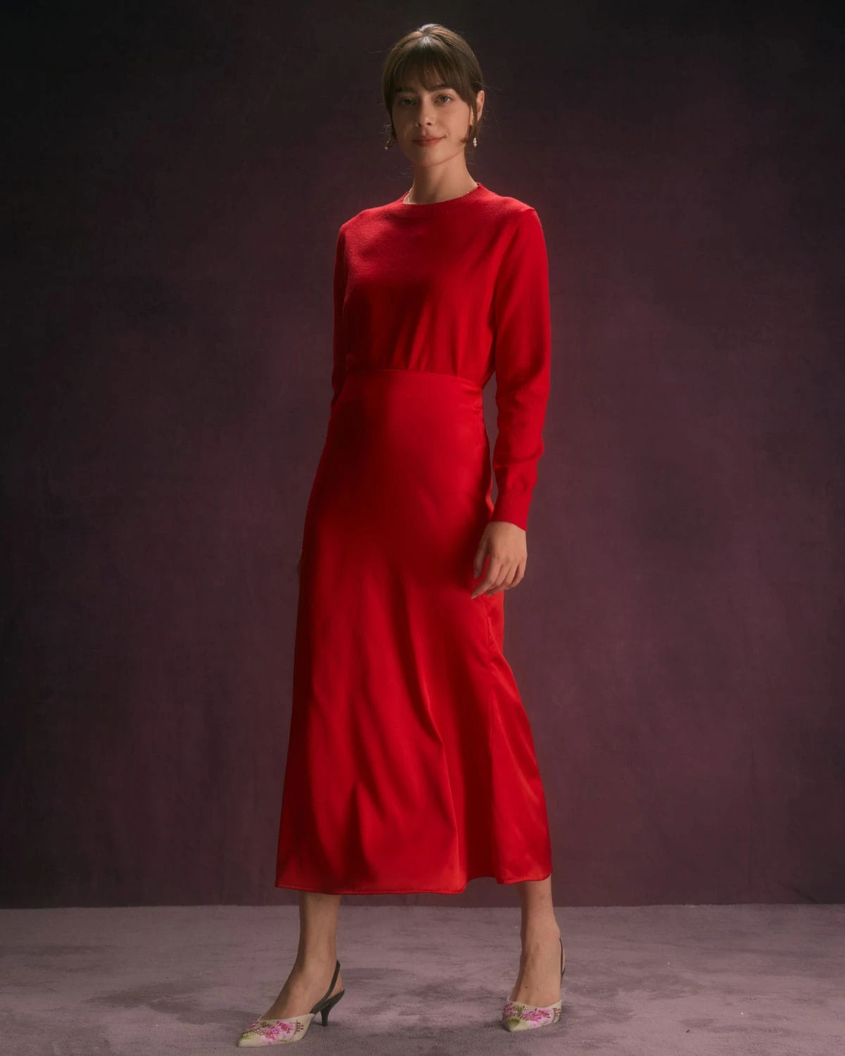 The Red Natural Waisted Satin Midi Skirt 2 The Red Natural Waisted Satin Midi Skirt - Image 2