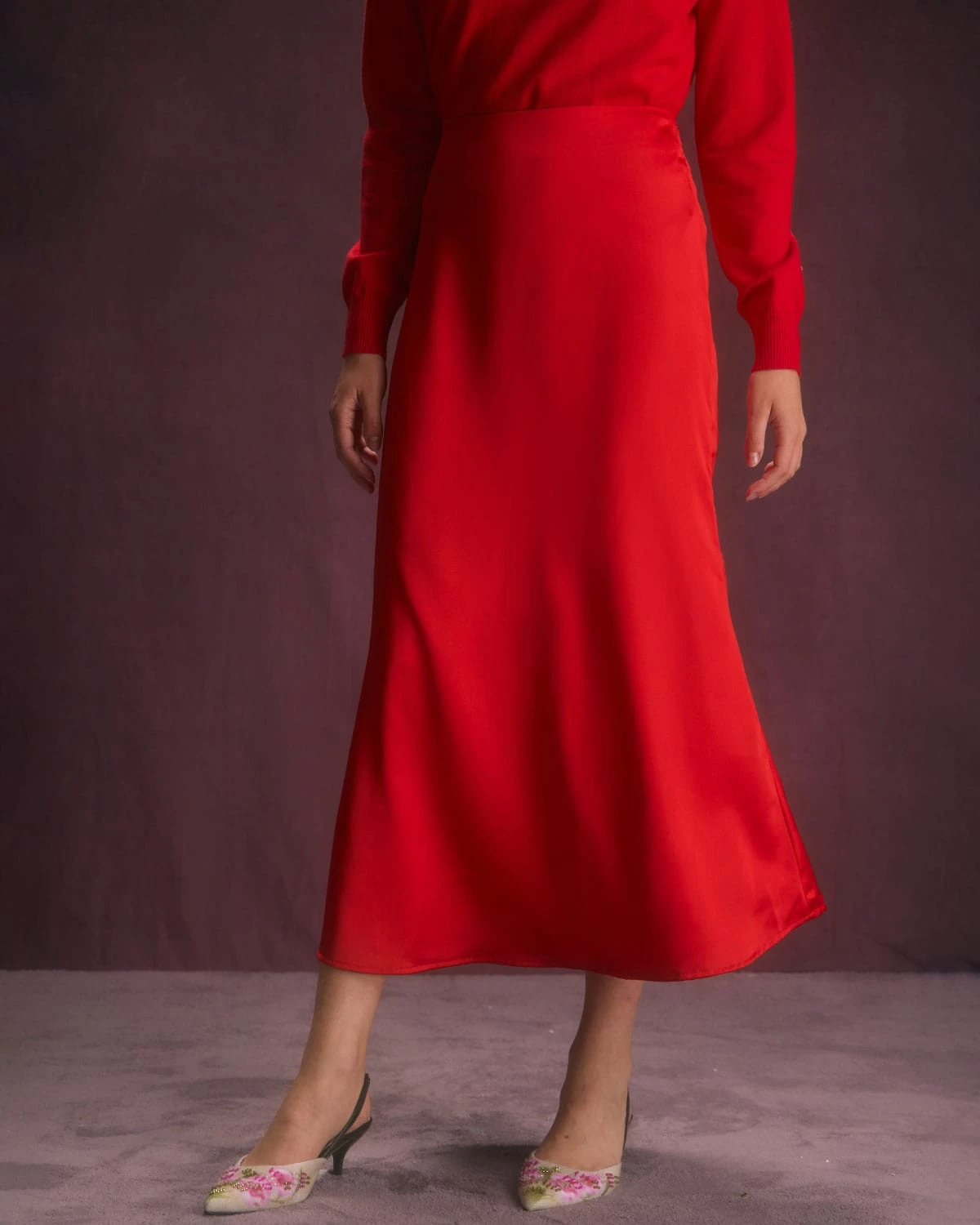 The Red Natural Waisted Satin Midi Skirt 4 The Red Natural Waisted Satin Midi Skirt - Image 4