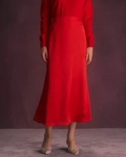 The Red Natural Waisted Satin Midi Skirt