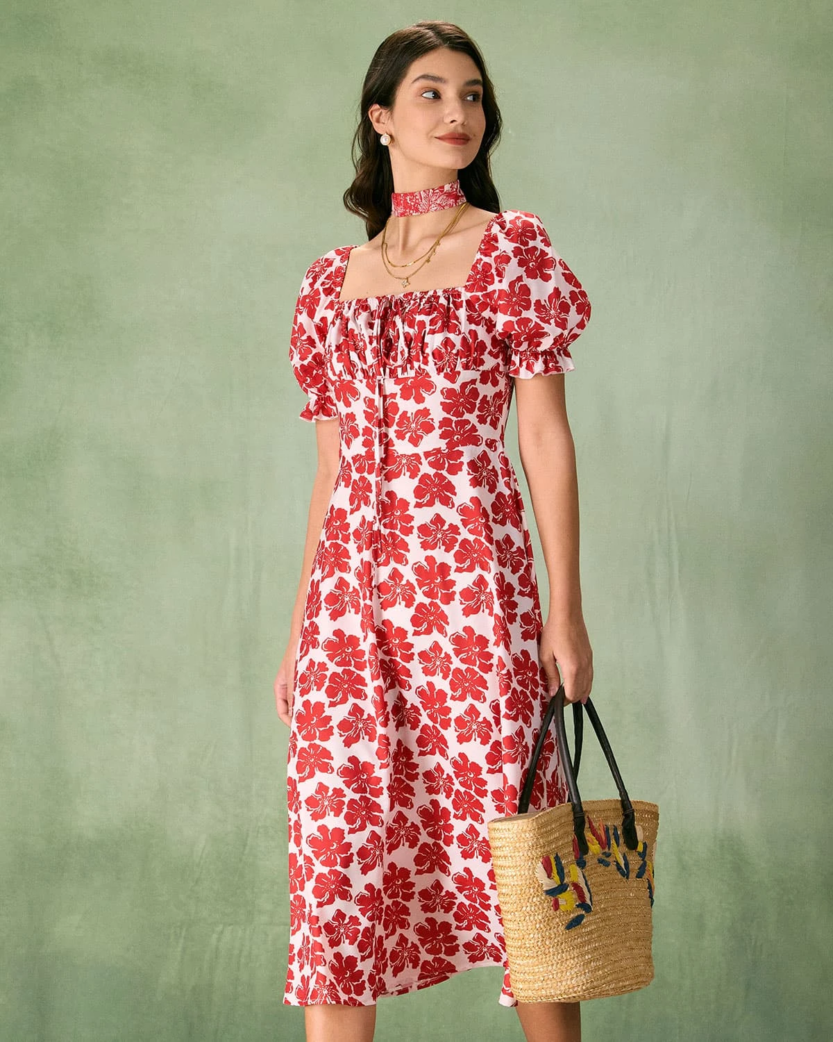 The Red Square Neck Floral Ruched Midi Dress 3 The Red Square Neck Floral Ruched Midi Dress - Image 3