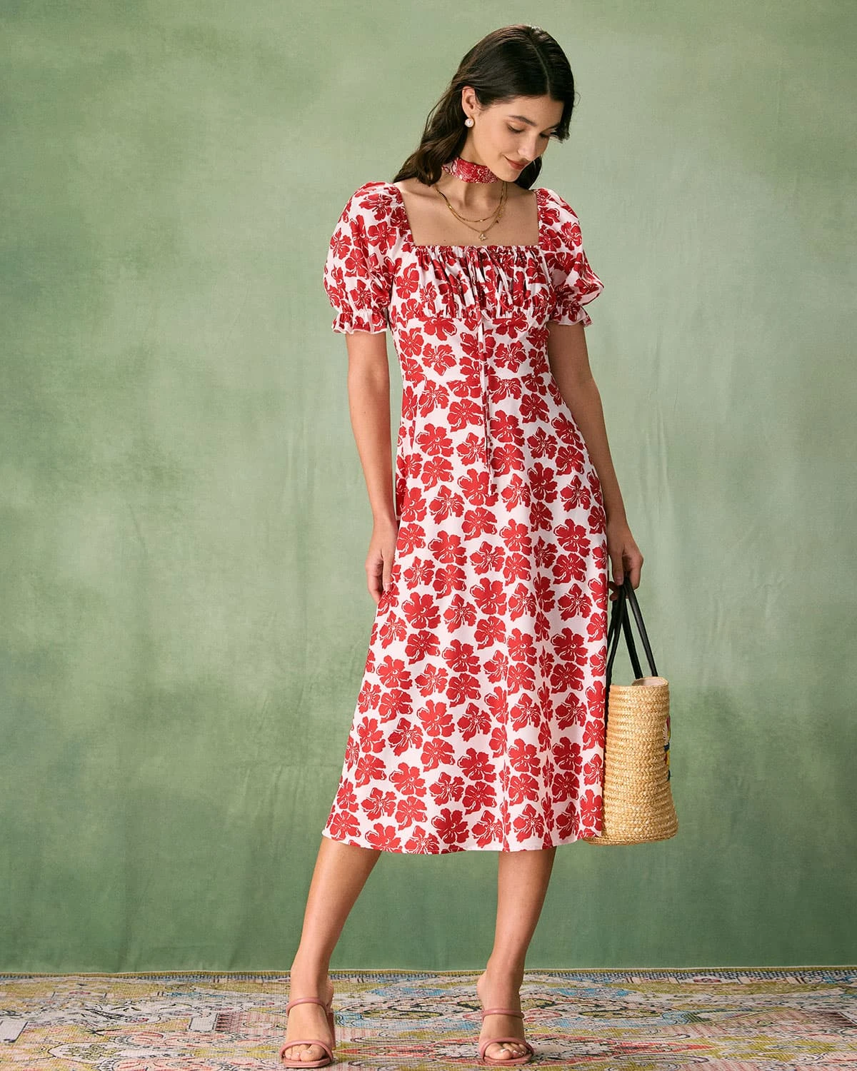 The Red Square Neck Floral Ruched Midi Dress 5 The Red Square Neck Floral Ruched Midi Dress - Image 5