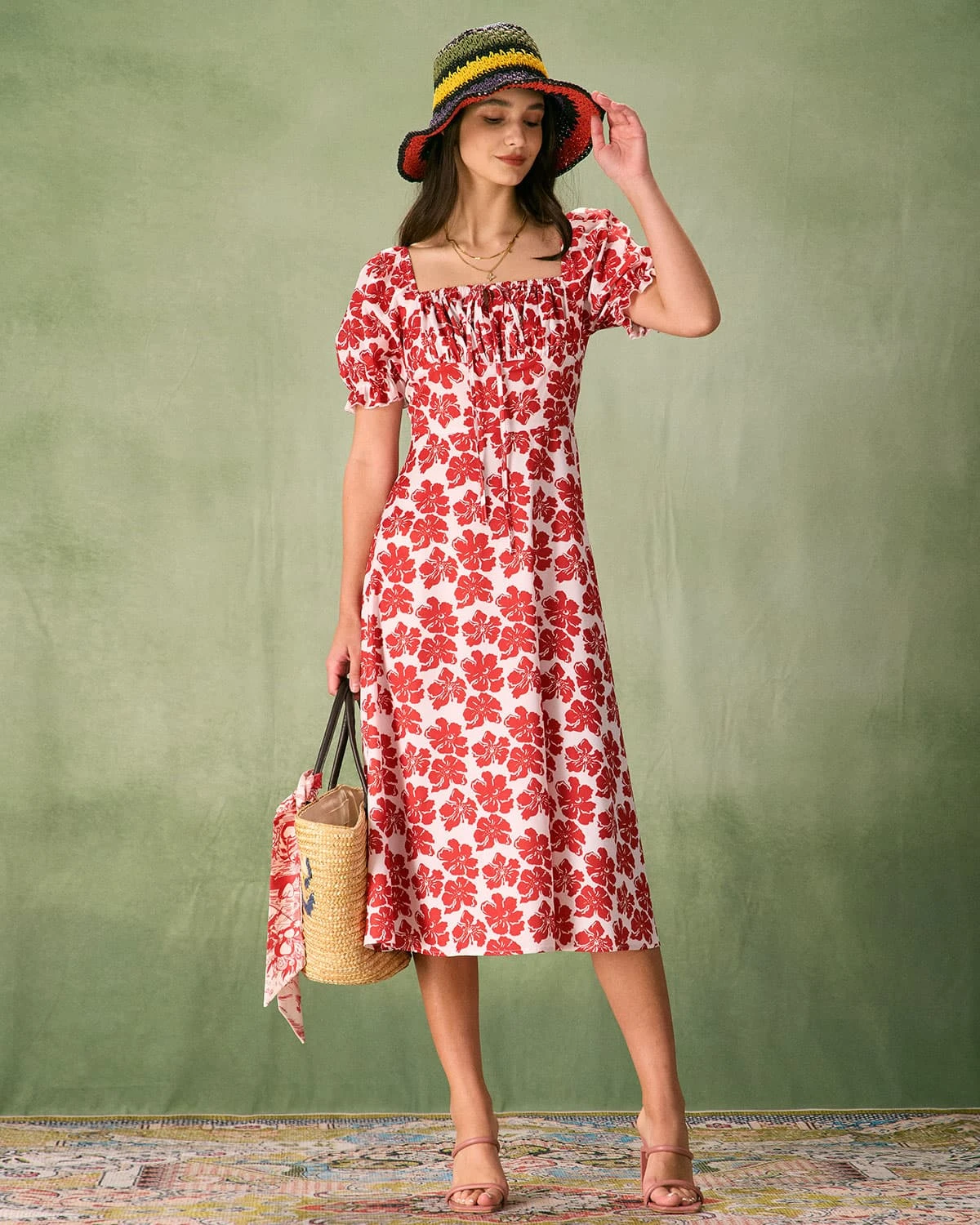 The Red Square Neck Floral Ruched Midi Dress 4 The Red Square Neck Floral Ruched Midi Dress - Image 4