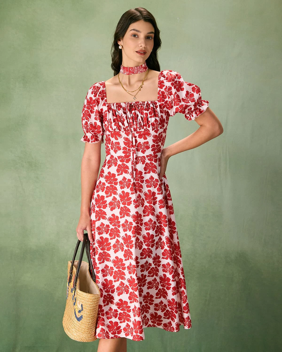 The Red Square Neck Floral Ruched Midi Dress 1 The Red Square Neck Floral Ruched Midi Dress