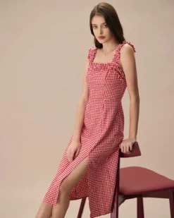 The Red Square Neck Plaid Cotton Midi Dress -Deals Dress N Swimwear Store the red square neck plaid midi dress dresses xfz66q