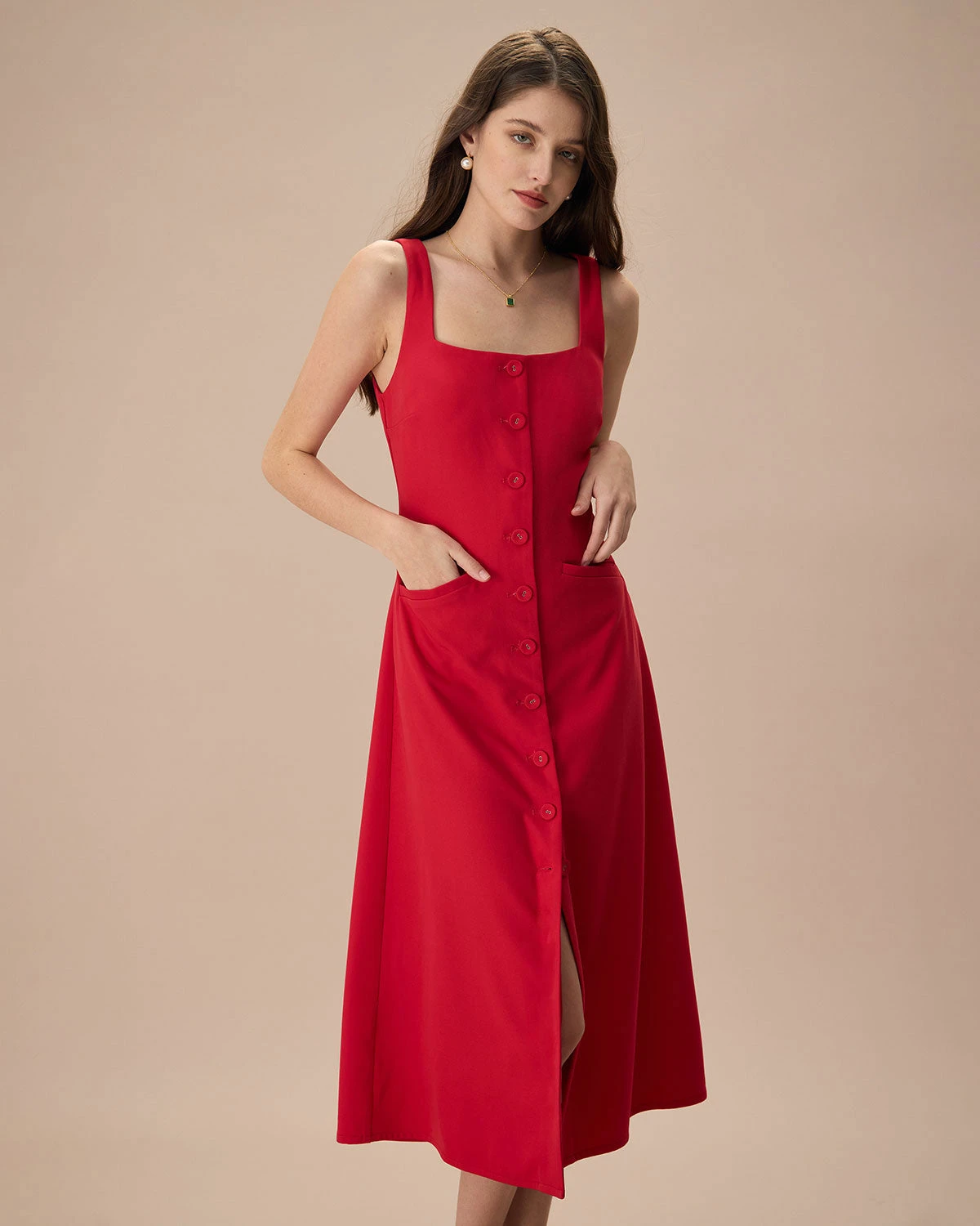 The Red Square Neck Pocket Midi Dress 3 The Red Square Neck Pocket Midi Dress - Image 3