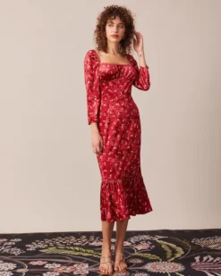 The Red Square Neck Floral Velvet Midi Dress -Deals Dress N Swimwear Store the red square neck velvet midi dress dresses 4r33ju 123558