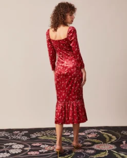 The Red Square Neck Floral Velvet Midi Dress -Deals Dress N Swimwear Store the red square neck velvet midi dress dresses zxla3r 215612