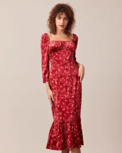 The Red Square Neck Floral Velvet Midi Dress -Deals Dress N Swimwear Store the red square neck velvet midi dress red dresses 9lyei0 907676