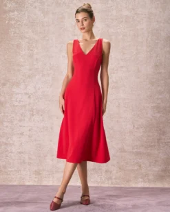 The Red V Neck Sleeveless A-Line Midi Dress -Deals Dress N Swimwear Store the red v neck a line dress dresses gbj28q