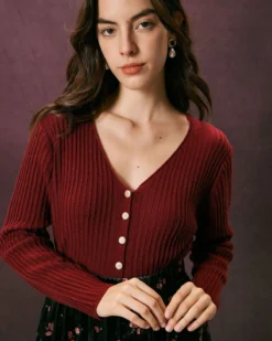 The Red V Neck Ribbed Long Sleeve Cardigan