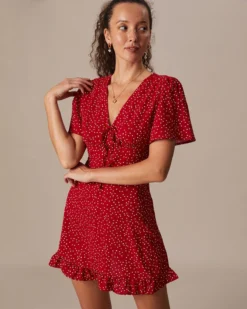 The Red V Neck Polka Dot Flounce Mini Dress -Deals Dress N Swimwear Store the red v neck polka dot mini dress red dresses wjy6q2 985810