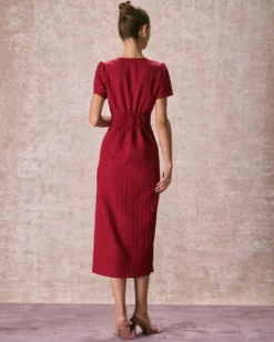 The Red V Neck Shirred Puff Sleeve Midi Dress -Deals Dress N Swimwear Store the red v neck puff sleeve midi dress dresses 835kez